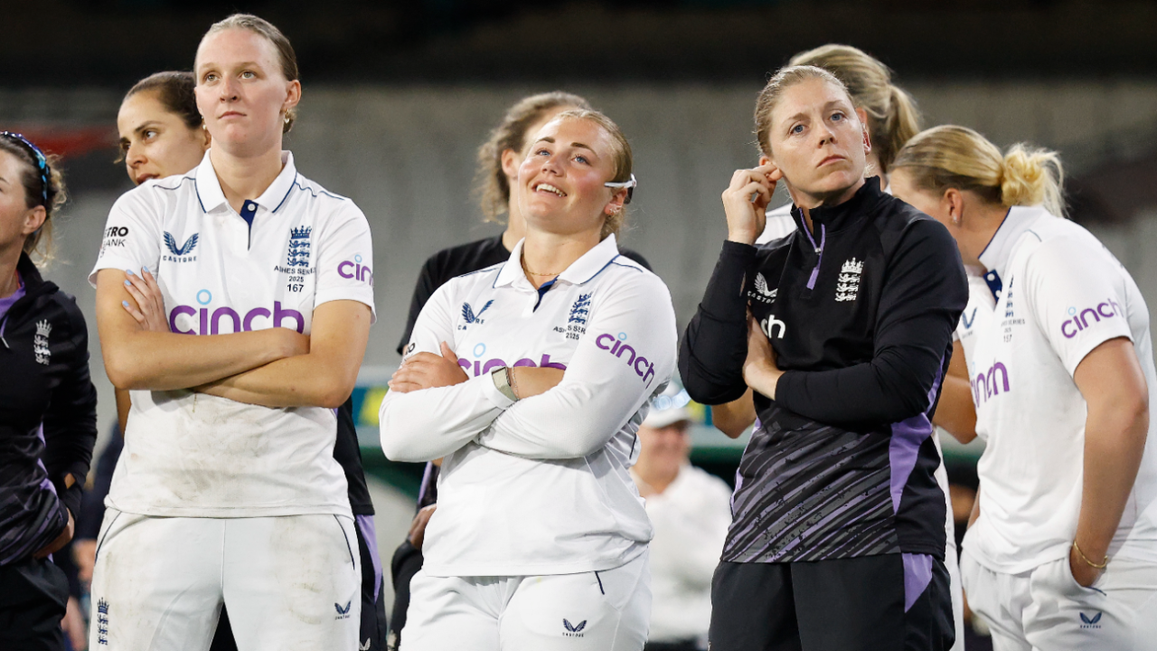 England's players look on as Australia celebrate their Women's Ashes whitewash, Australia vs England, Women's Ashes, only Test, 3rd day, Melbourne, February 1, 2025