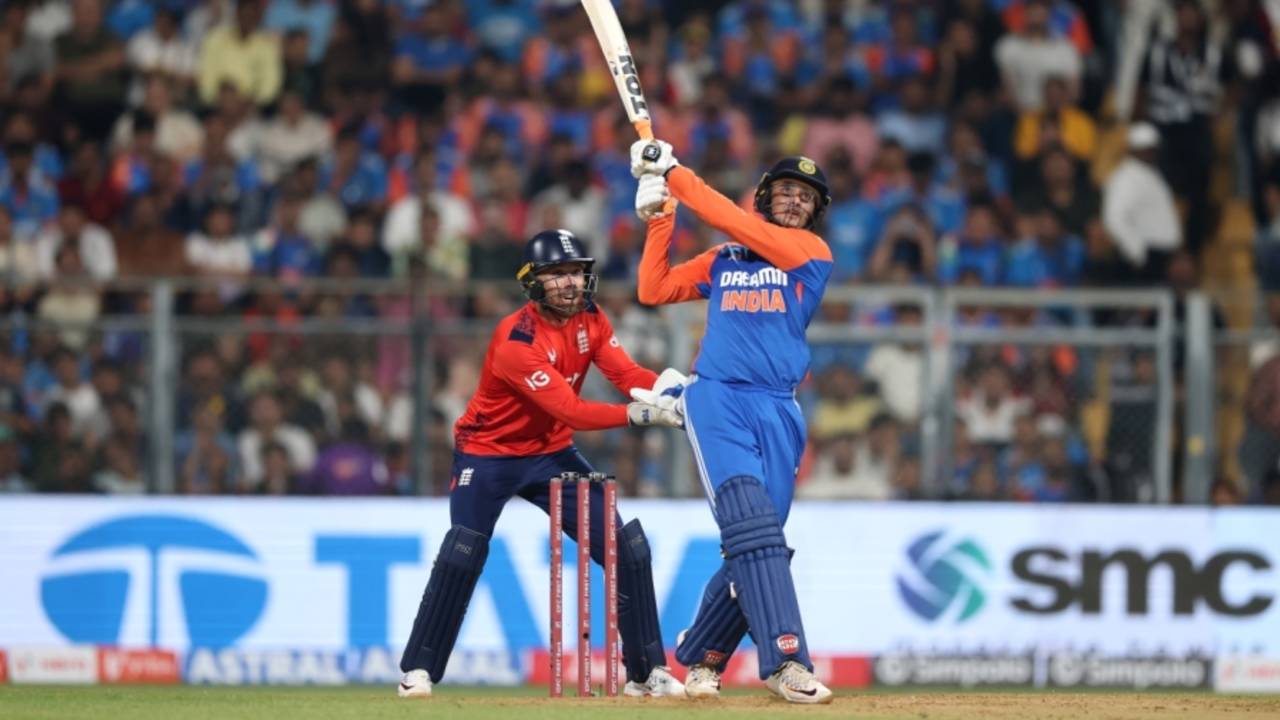 Abhishek Sharma launches one down the ground, India vs England, 5th T20I, Wankhede Stadium, Mumbai, February 2, 2025