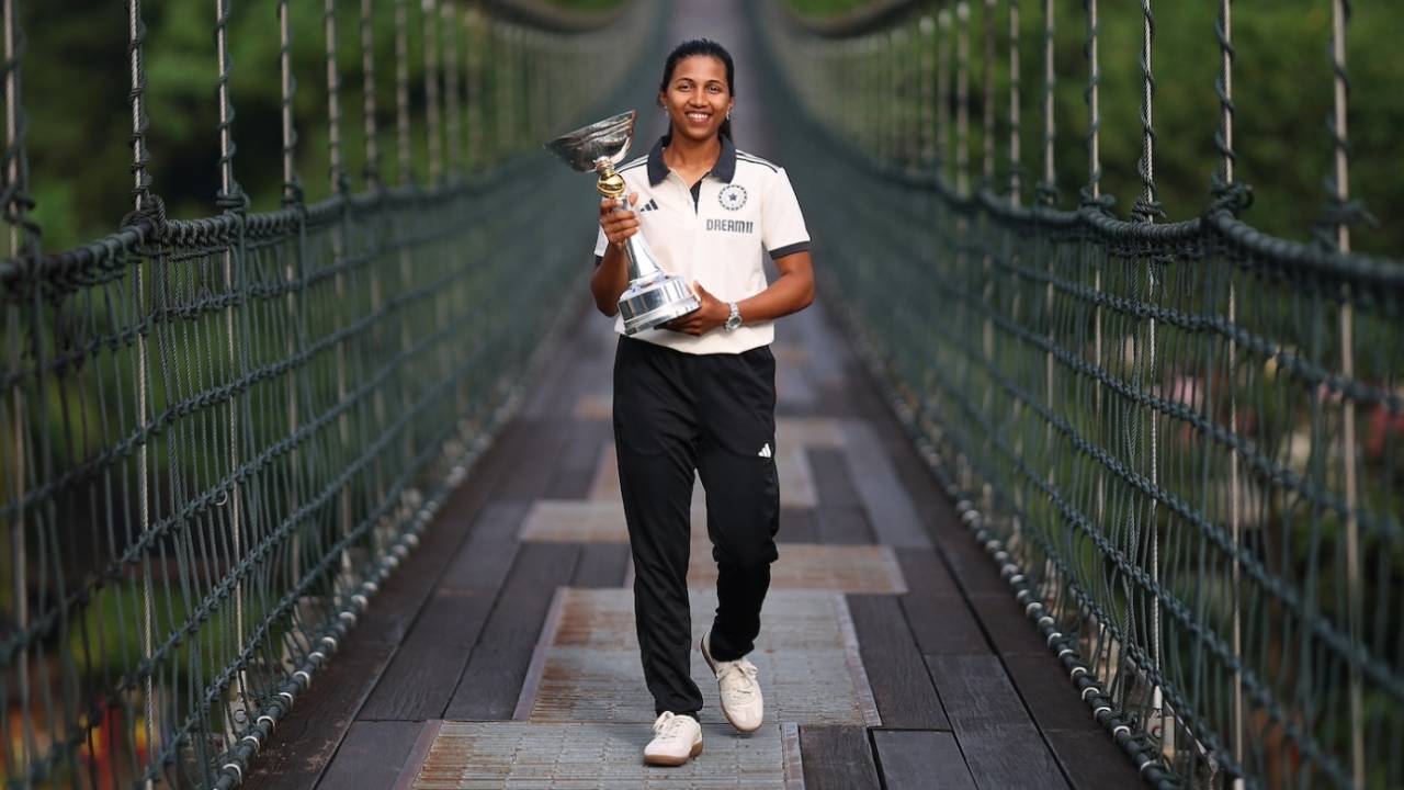 India captain Niki Prasad strikes a pose with the World Cup trophy, Kuala Lumpur, February 3, 2025