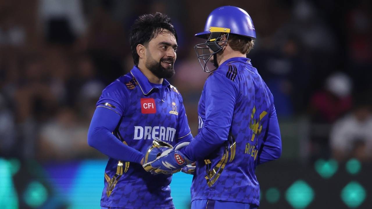 Rashid Khan celebrates a wicket, MI Cape Town vs Paarl Royals, SA20, Gqeberha, February 4, 2025