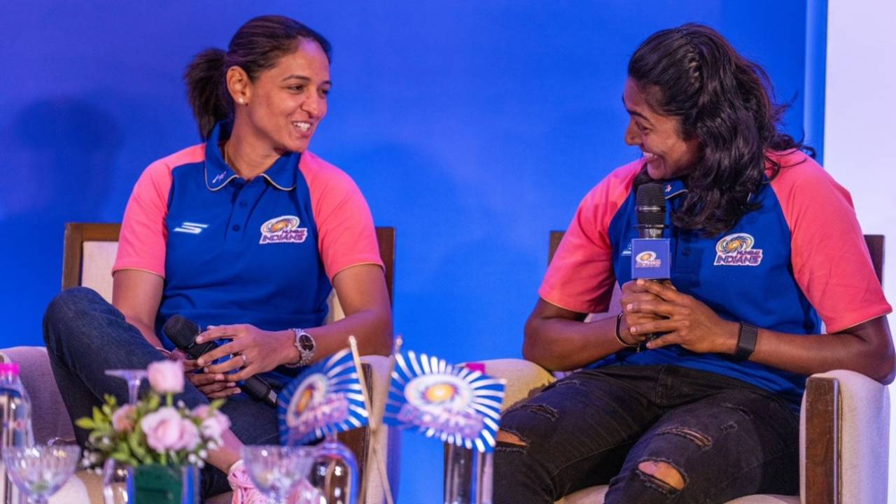Harmanpreet Kaur and Sajeevan Sajana share a light moment at the Mumbai Indians pre-season press conference, WPL 2025, Mumbai, February 5, 2025
