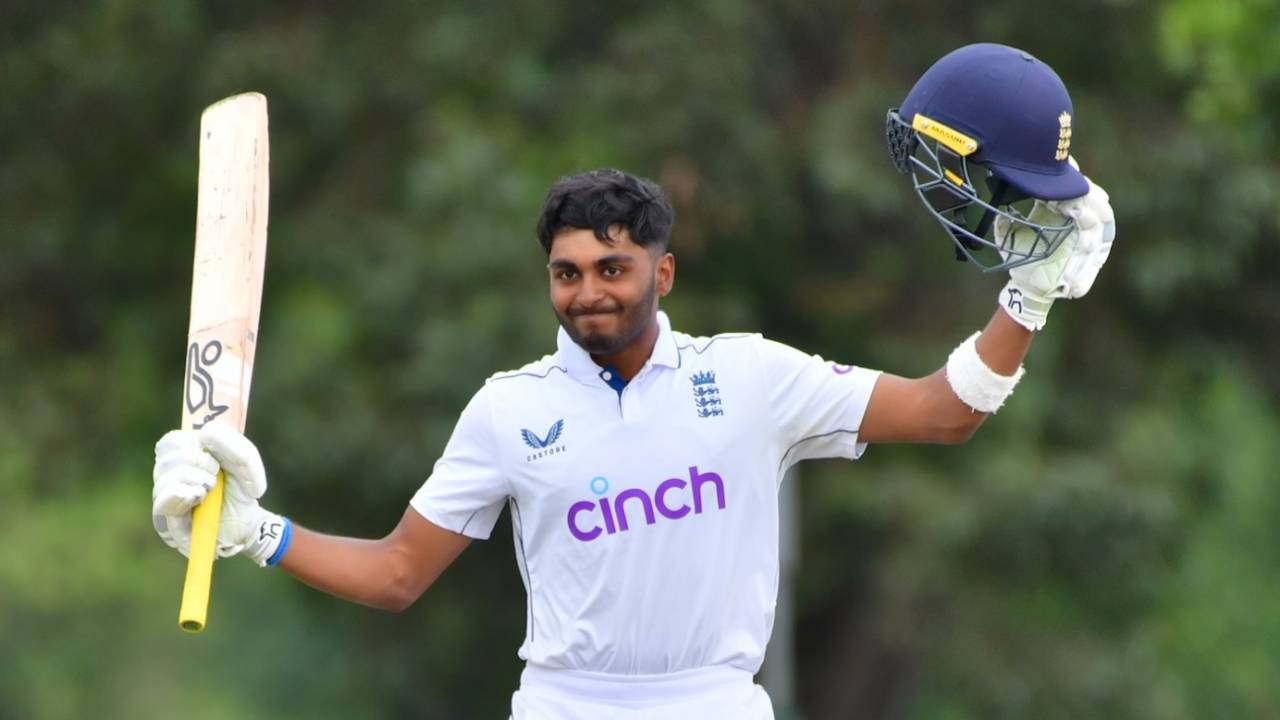 Aaryan Sawant celebrates his century, South Africa vs England, 2nd Youth Test, Cape Town, February 5, 2025