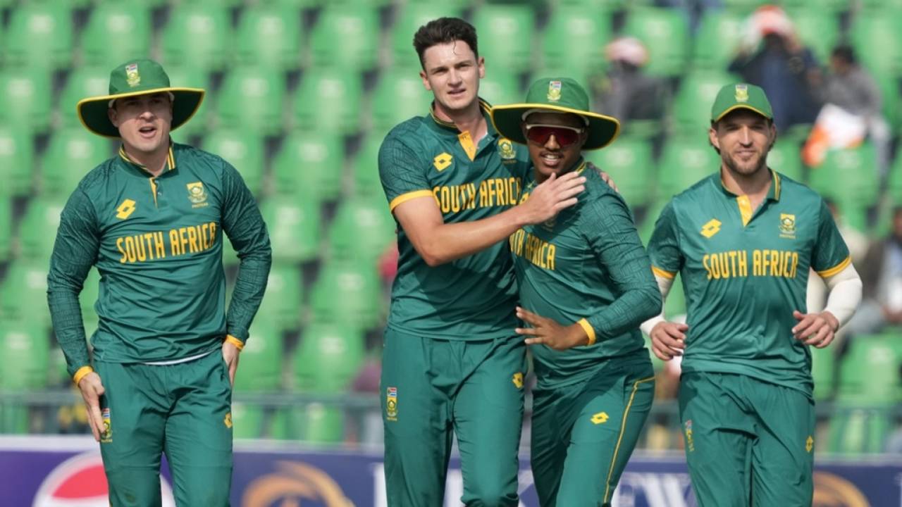 Eathan Bosch celebrates after getting rid of Will Young, New Zealand vs South Africa, Pakistan tri-series, Lahore, February 10, 2025