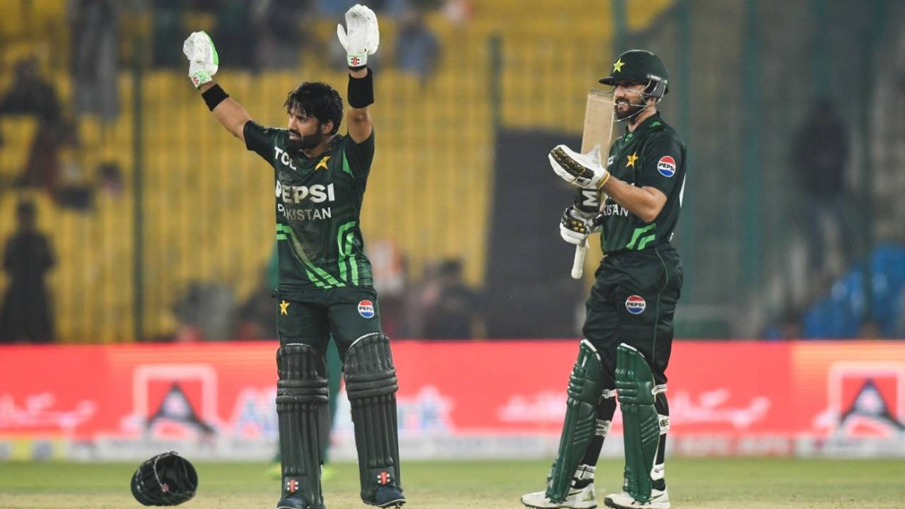 Mohammad Rizwan acknowledges the support after getting to his century, Pakistan vs South Africa, ODI tri-series, Karachi, February 12, 2025