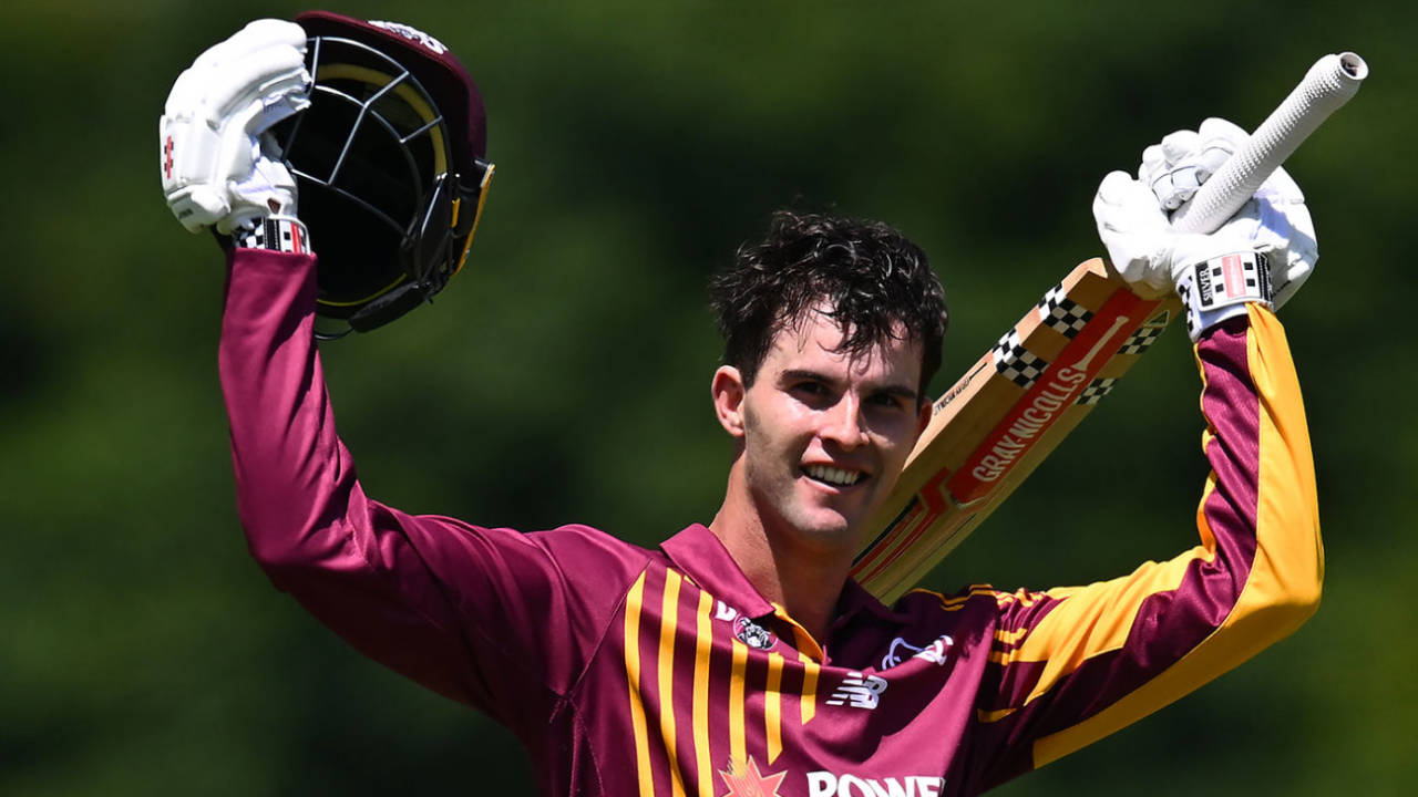 Lachlan Hearne celebrates his century, Queensland vs New South Wales, One-Day Cup, Allan Border Field, February 13, 2025