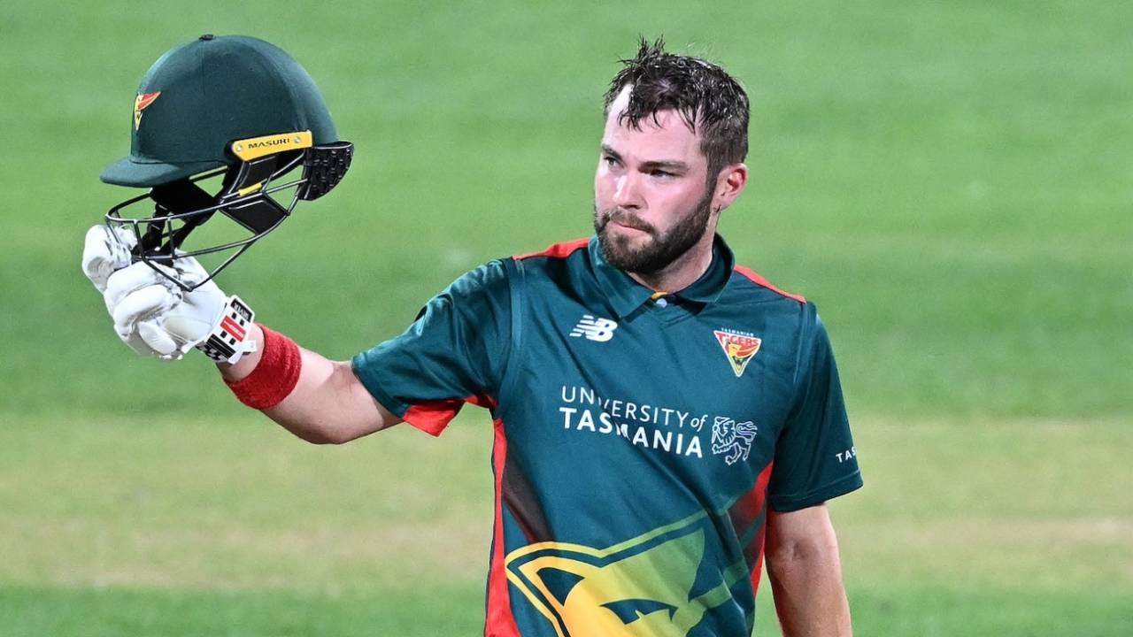 Caleb Jewell celebrates his century, Tasmania vs Victoria, One-Day Cup, Hobart, February 13, 2025