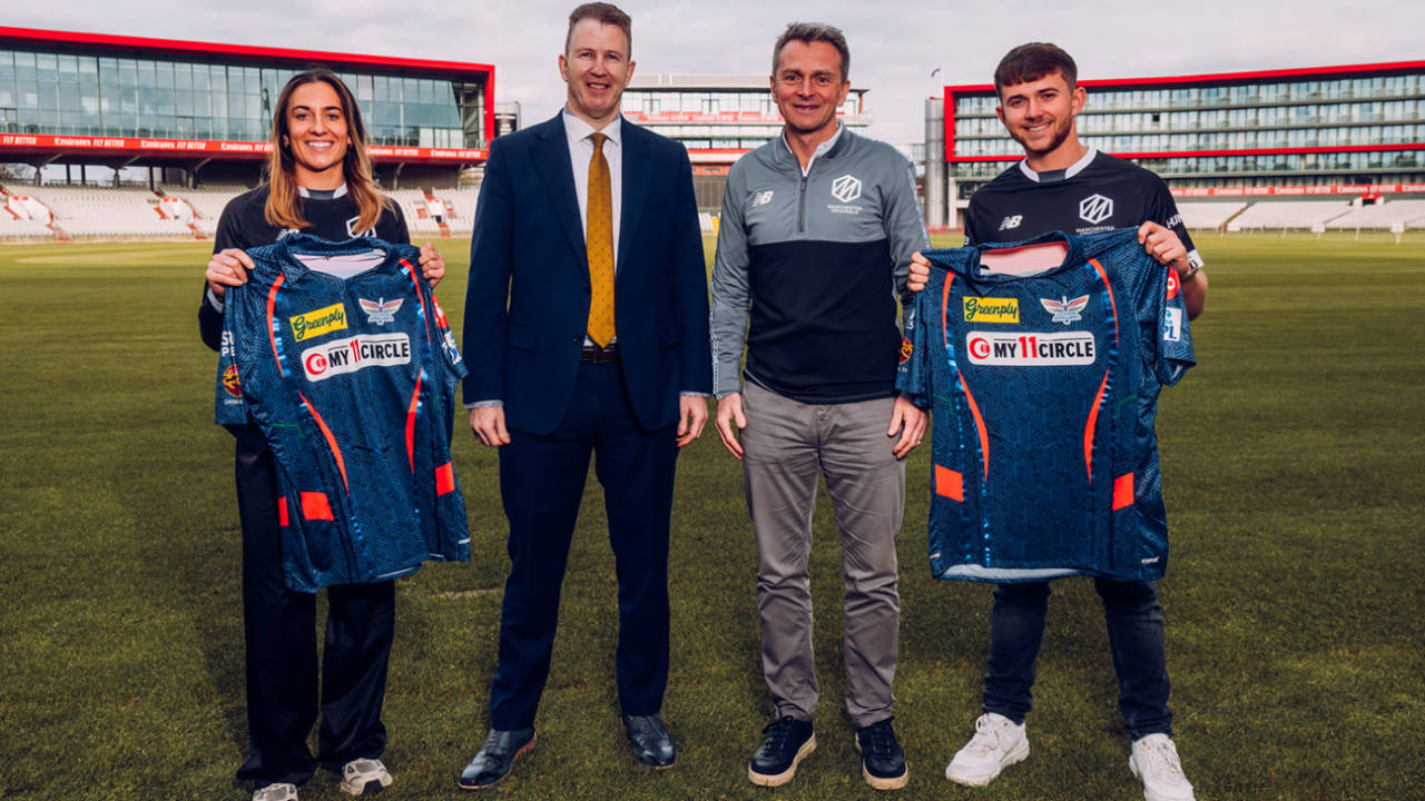 Fi Morris, Daniel Gidney, James Sheridan and Matty Hurst pose with Lucknow Super Giants shirts, Old Trafford, February 14, 2025