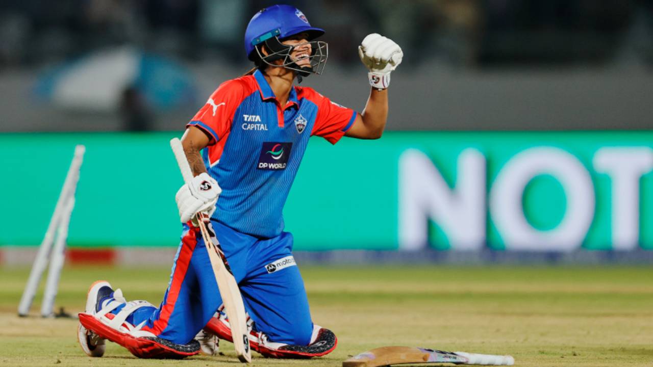 Radha Yadav exults after Delhi Capitals complete the two that won them the game, Mumbai Indians vs Delhi Capitals, WPL 2025, Vadodara, February 15, 2025