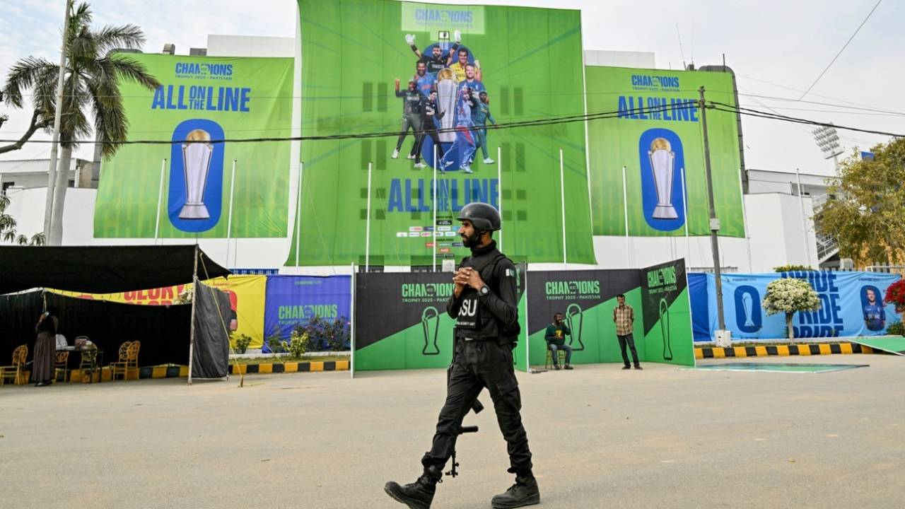 A security official patrols outside the National Stadium, Champions Trophy, Karachi, February 17, 2025