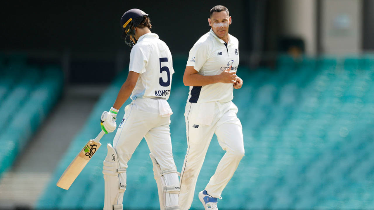 Scott Boland glances towards Sam Konstas after his dismissal, New South Wales vs Victoria, Sheffield Shield, SCG, February 18, 2025