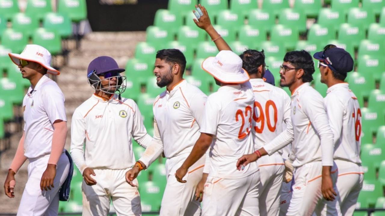 Parth Rekhade celebrates after getting rid of Suryakumar Yadav, Vidarbha vs Mumbai, Ranji Trophy 2024-25, semi-final, second day, Nagpur, December 18, 2025