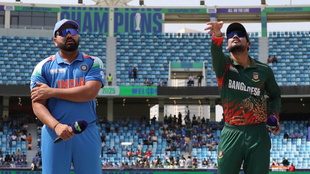 Najmul Hossain Shanto flips the coin - he won the toss and asked Rohit Sharma to field, Bangladesh vs India, Champions Trophy, Dubai, February 20, 2025