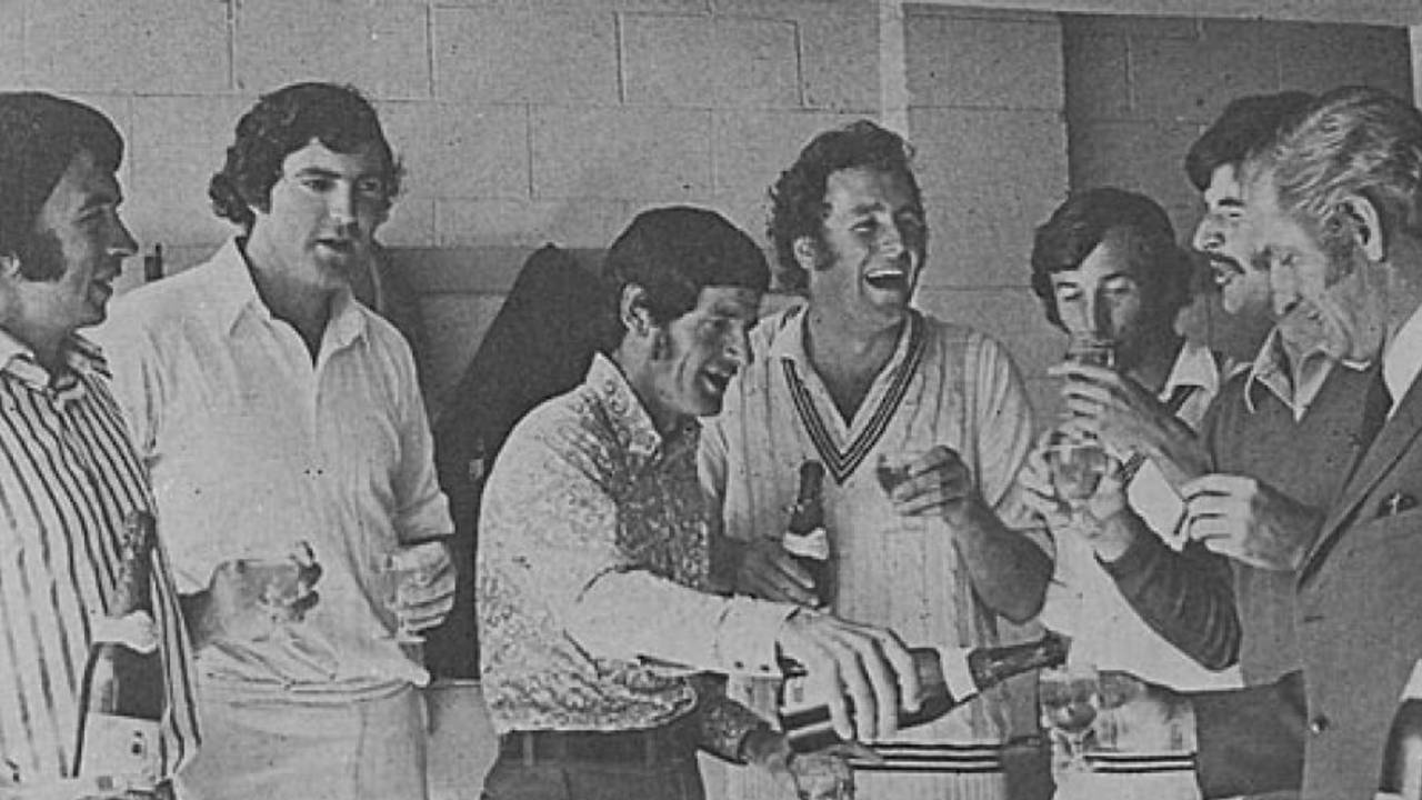 Bev Congdon leads the celebrations after New Zealand's first Test victory over Australia.  L-R John Morrison, Richard Collinge, Congdon, Jeremy Coney, Dayle Hadlee, John Parker and KR Deas, Christchurch, March 1974