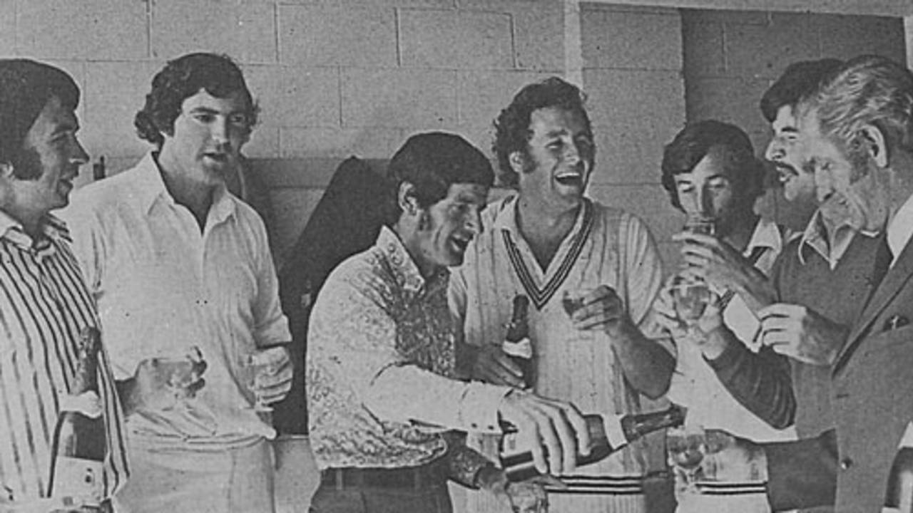 Bev Congdon leads the celebrations after New Zealand's first Test victory over Australia.  L-R John Morrison, Richard Collinge, Congdon, Jeremy Coney, Dayle Hadlee, John Parker and KR Deas, Christchurch, March 1974