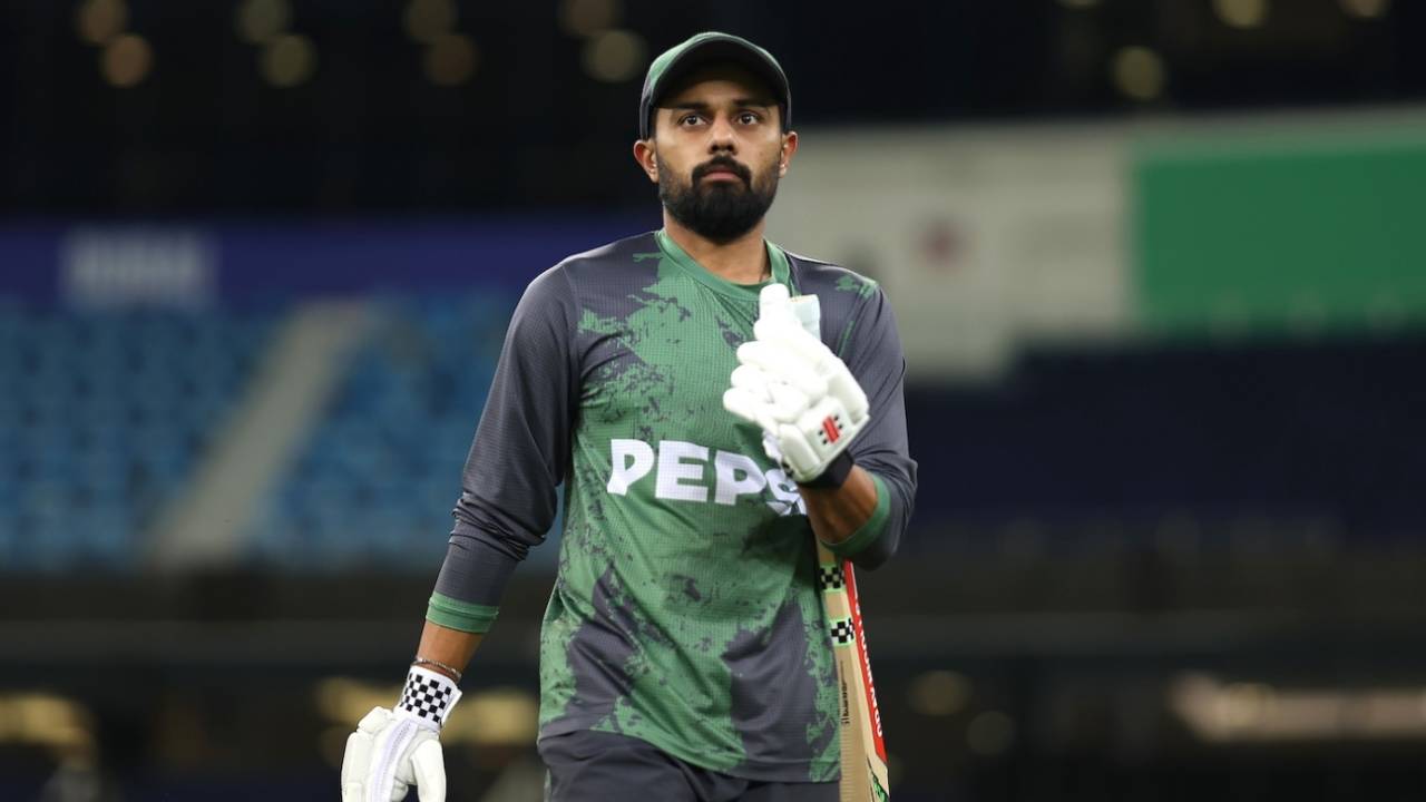 Saud Shakeel at a net session on the eve of Pakistan's Champions Trophy game against India, Dubai, February 22, 2025