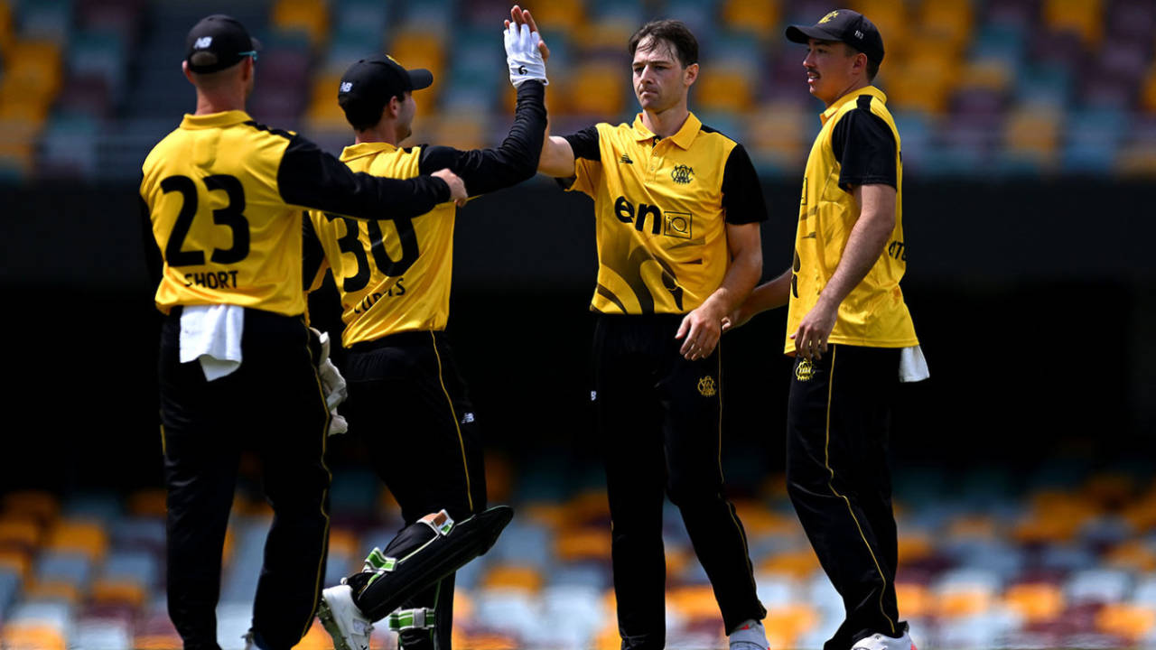 Brody Couch (second from right) claimed three wickets in his first one-day game for WA, Queensland vs Western Australia, One-Day Cup, Gabba, February 23, 2025