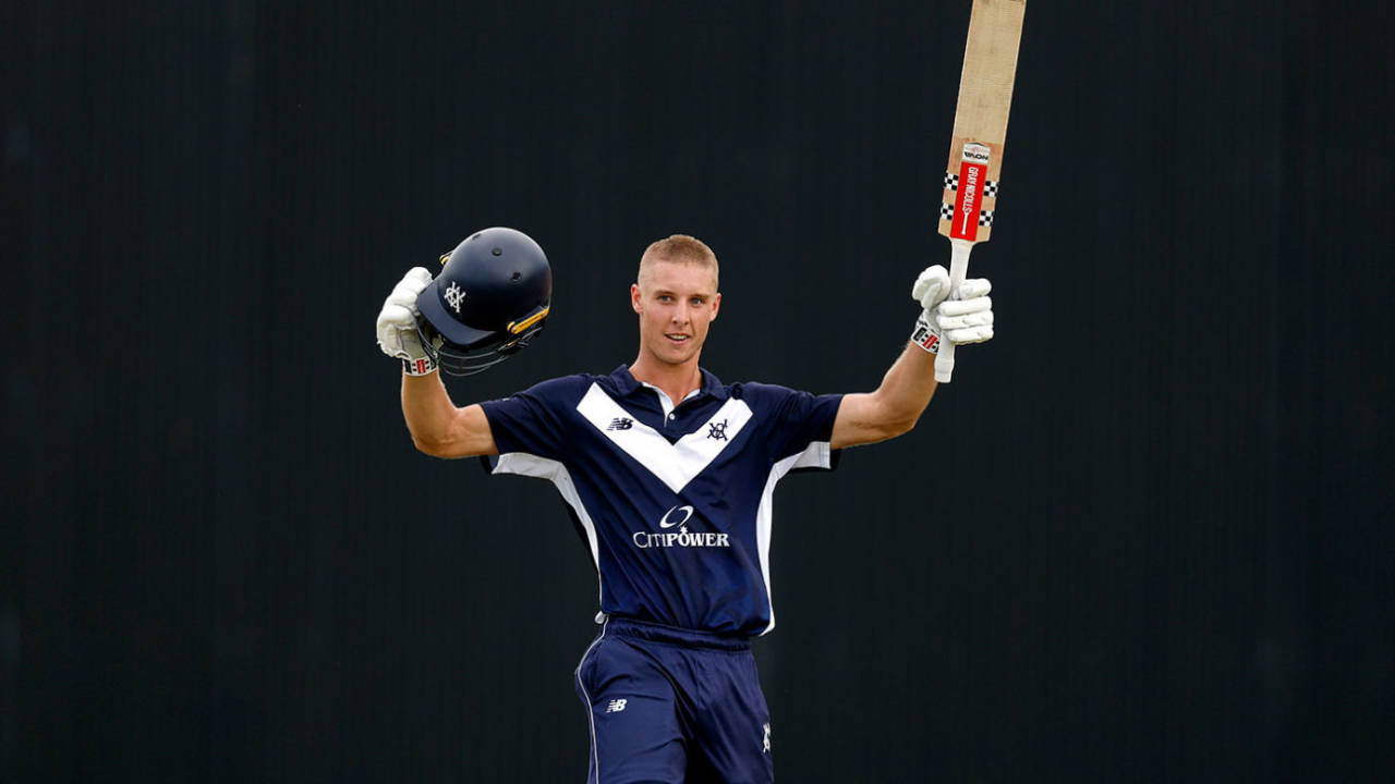 Campbell Kellaway celebrates the century which took Victoria into the final, New South Wales vs Victoria, One-Day Cup, Cricket Central, February 23, 2025