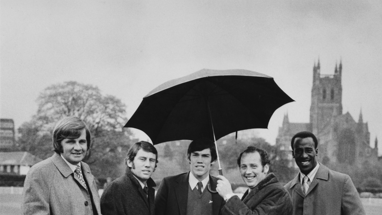 Australians Bruce Francis, Ian Chappell and Jeff Hammond stand with Norman Gifford and Vanburn Holder, May 6, 1972