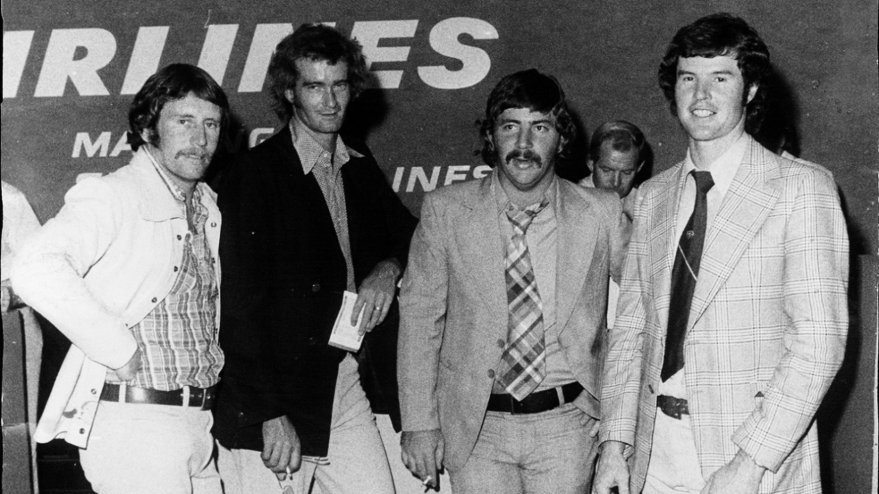 Ian Chappell, Ashley Mallett, Rod Marsh and Ashley Woodcock arrive at Sydney airport, April 1, 1974