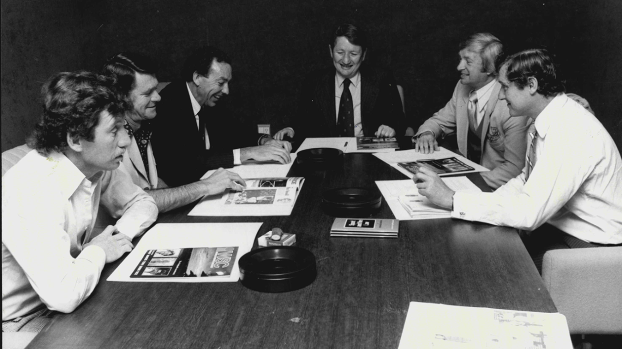 Ian Chappell, John Gleeson, Geoffrey Forsaith, Andrew Caro, Richie Benaud and Bob Cowper attend the World Series Cricket governing committee meeting in Sydney, October 19, 1978