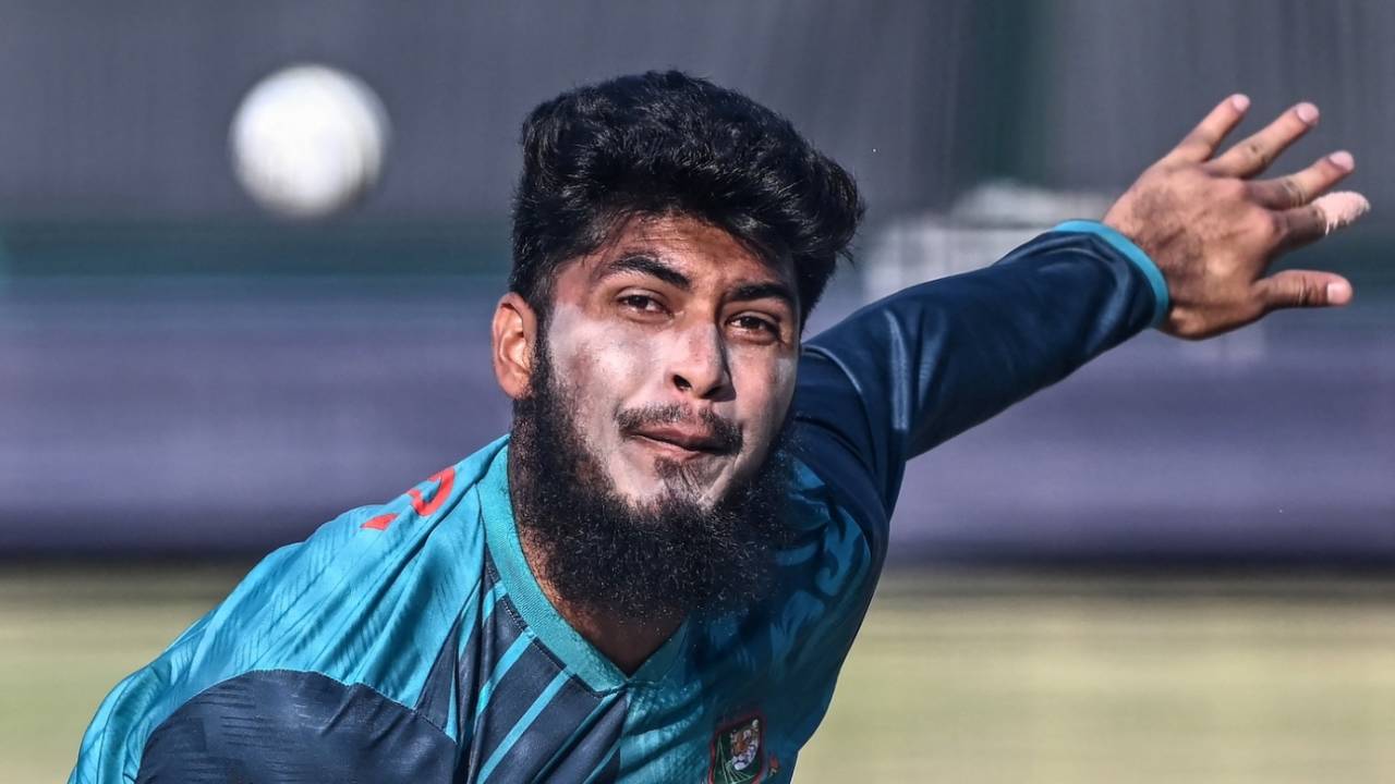 Rishad Hossain has a bowl in the nets, Bangladesh vs New Zealand, Champions Trophy, Rawalpindi, February 22, 2025