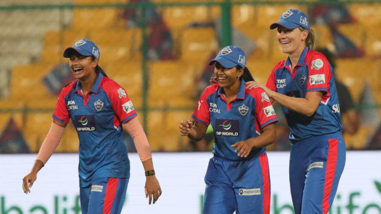 Niki Prasad is congratulated by team-mates after catching a skier to send back Kashvee Gautam, Delhi Capitals vs Gujarat Giants, WPL, Bengaluru, February 25, 2025