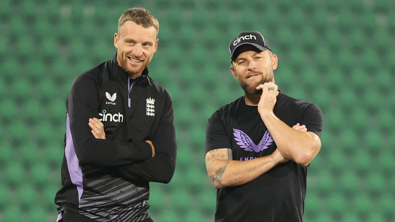 Jos Buttler and Brendon McCullum share a joke in Lahore, England training, Gaddafi Stadium, Champions Trophy, February 25, 2025