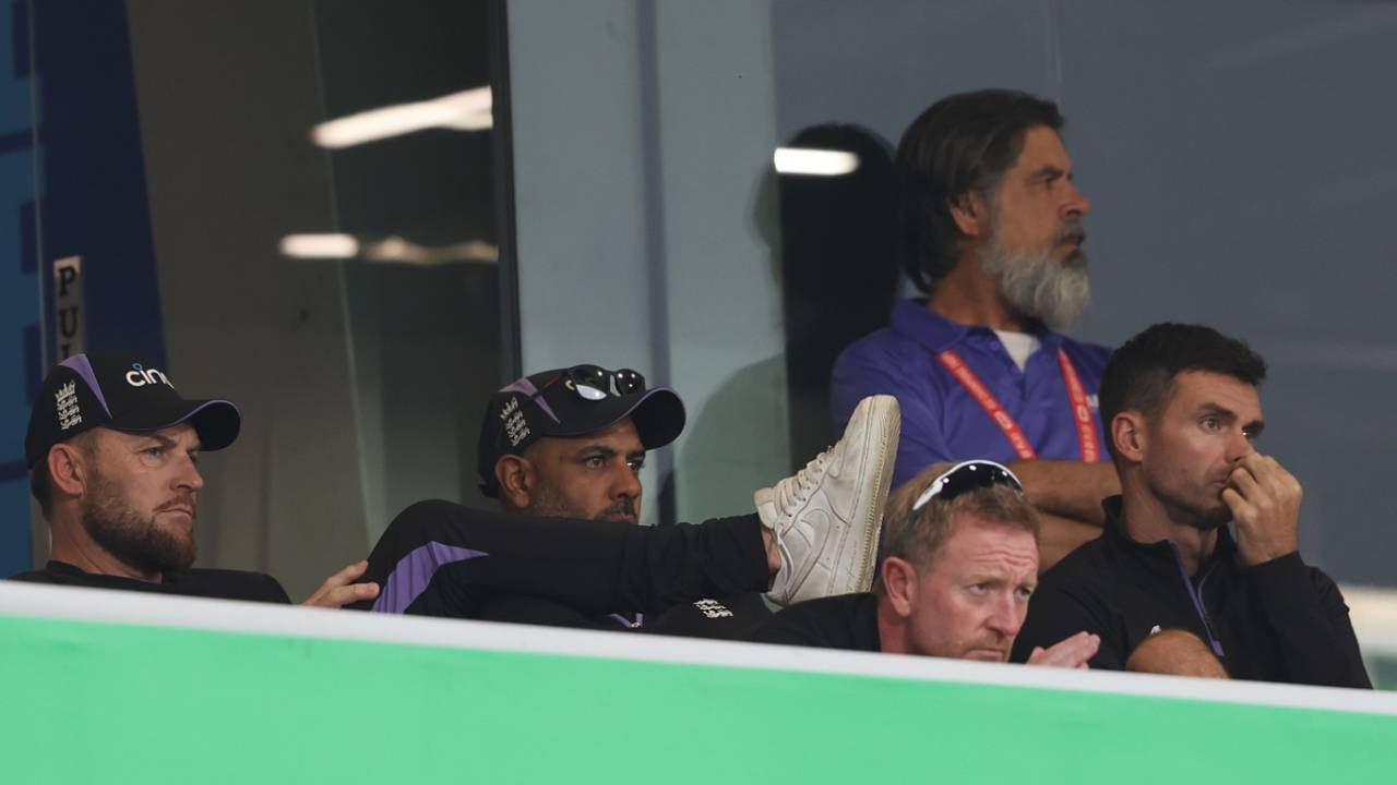 The coaching staff of Brendon McCullum, Jeetan Patel, Paul Collingwood and James Anderson watch England lose their way against Afghanistan, Afghanistan vs England, Lahore, ICC Champions Trophy, February 26, 2025