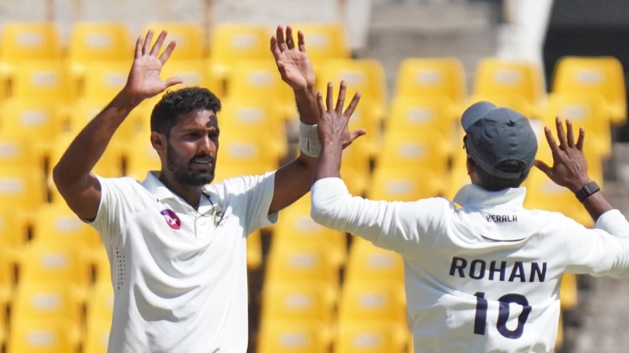 Nedumankuzhy Basil celebrates a wicket, Kerala vs Vidarbha, Ranji Trophy final, 2nd day, Nagpur, February 27, 2025