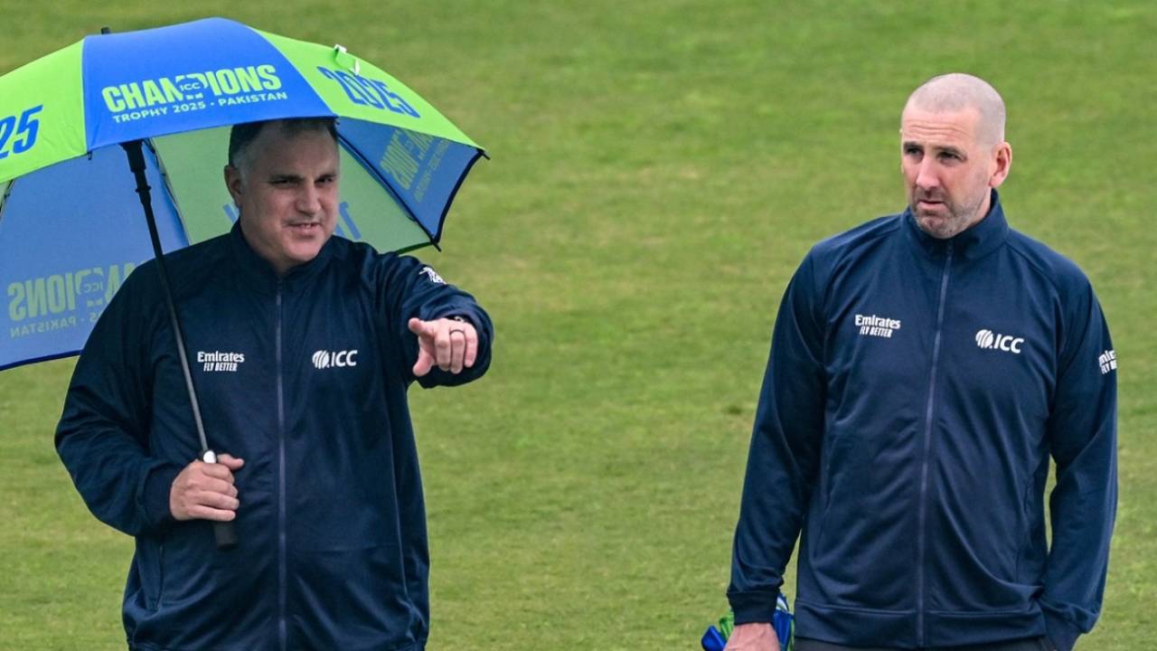 Umpires Adrian Holdstock and Michael Gough inspect the outfield after rain, Pakistan vs Bangladesh, ICC Champions Trophy, Rawalpindi, February 27, 2025