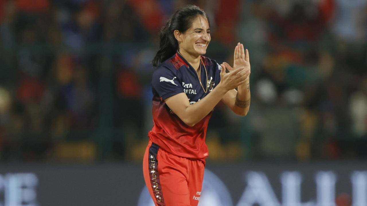Renuka Singh celebrates Meg Lanning's wicket, Royal Challengers Bengaluru vs Delhi Capitals, WPL 2025, Bengaluru, March 1, 2025