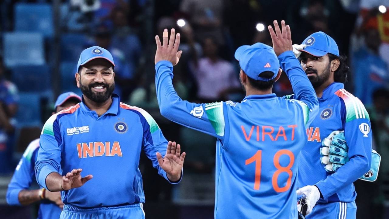 Rohit Sharma and Virat Kohli do the high-fives after the game, India vs New Zealand, Champions Trophy, Dubai, March 2, 2025