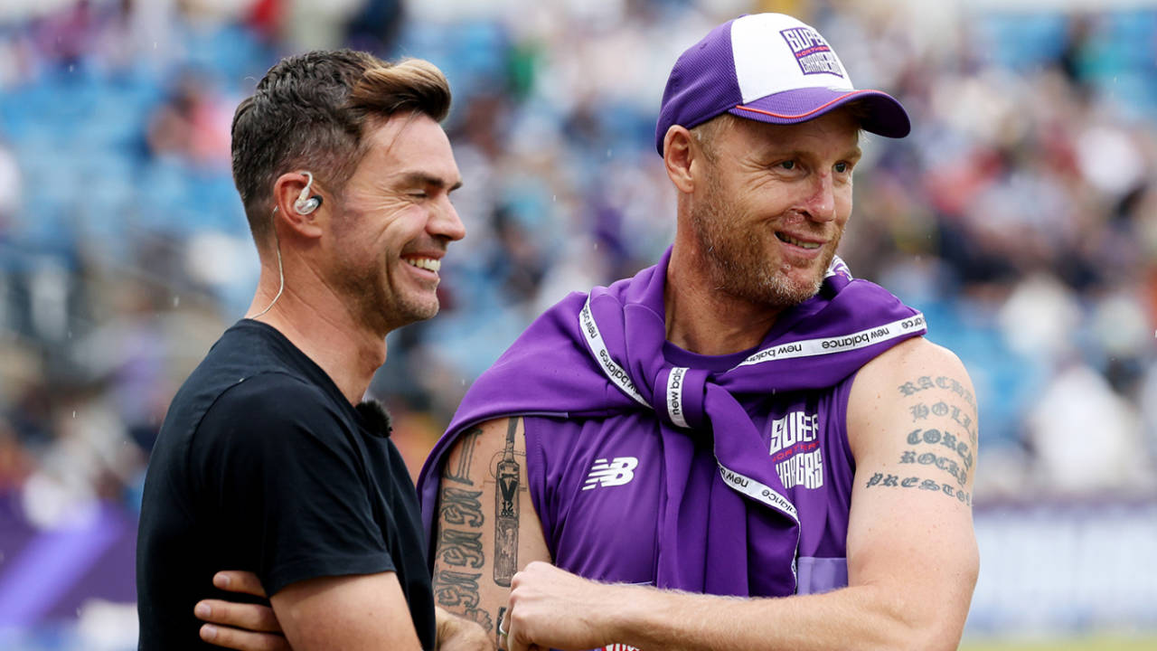 James Anderson catches up with Northern Superchargers coach Andrew Flintoff, Northern Superchargers vs Manchester Originals, The Hundred (Men's), Headingley, August 4, 2024