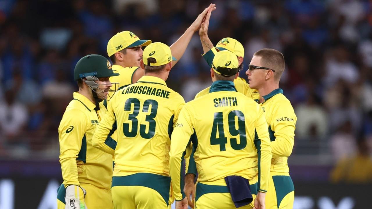 Adam Zampa celebrates a wicket with his team-mates, Australia vs India, 1st semi-final, Dubai, Champions Trophy, March 4, 2025