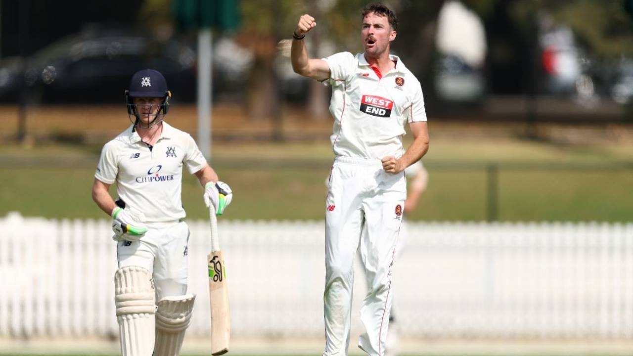 Jordan Buckingham celebrates the wicket of Sam Harper, Victoria vs South Australia, Sheffield Shield, Day 1, Junction Oval, March 6, 2025 