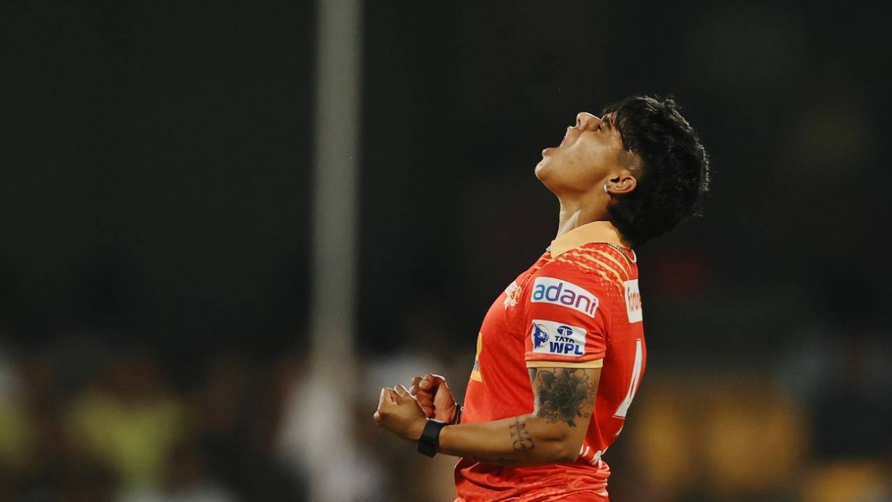 Kashvee Gautam exults after dismissing Meg Lanning, Delhi Capitals vs Gujarat Giants, WPL, Bengaluru, February 25, 2025