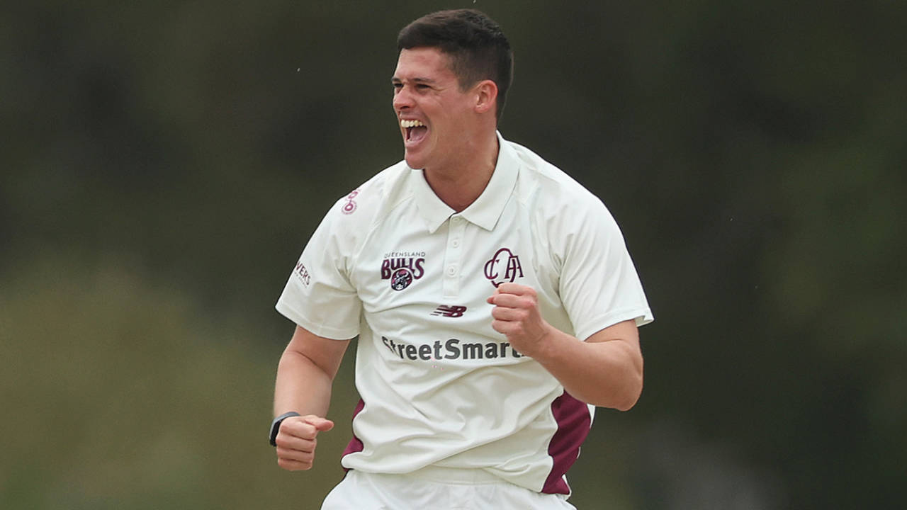 Liam Guthrie celebrates a wicket, New South Wales vs Queensland, Sheffield Shield, Cricket Central, November 4, 2024