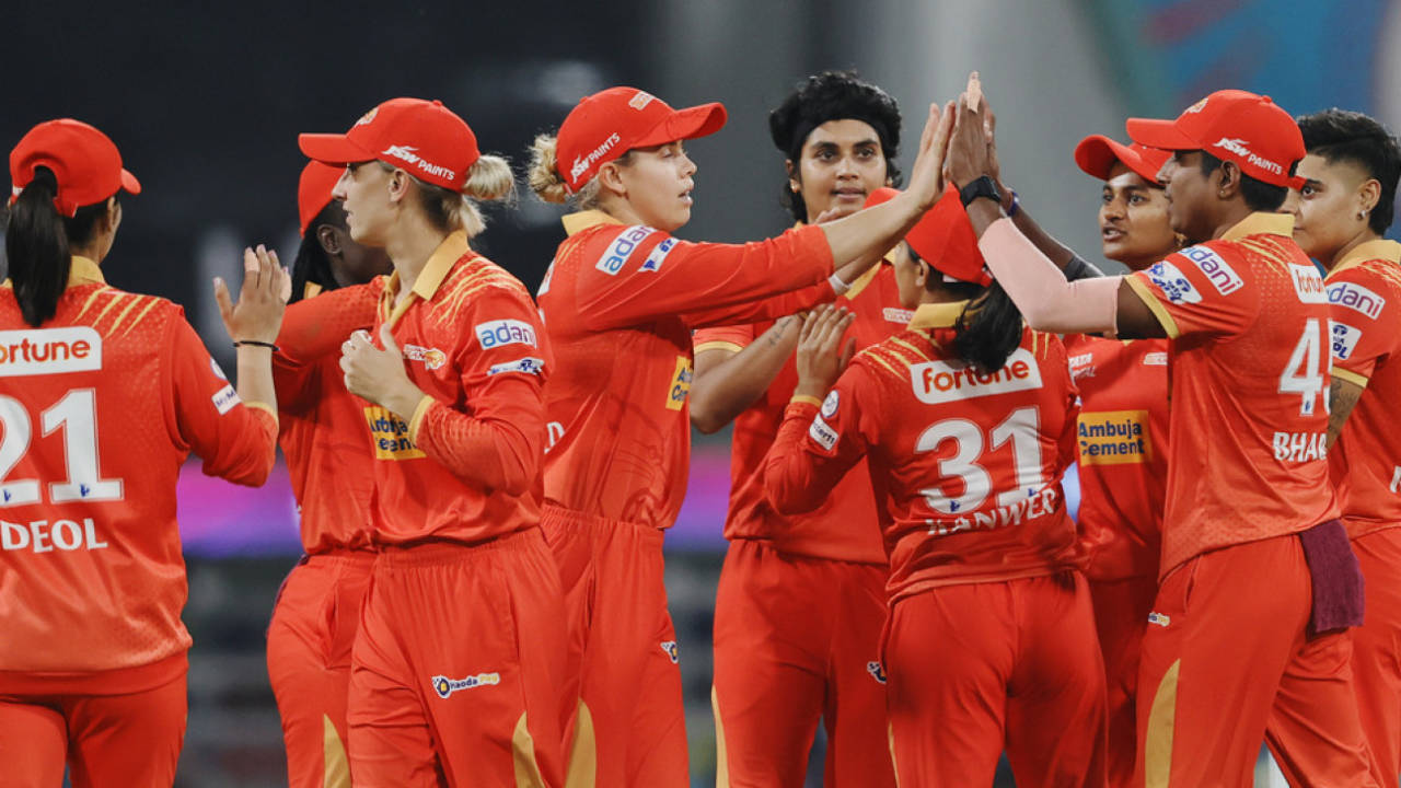 Meghna Singh is mobbed by her team-mates, Delhi Capitals vs Gujarat Giants, WPL, Lucknow, March 7, 2025