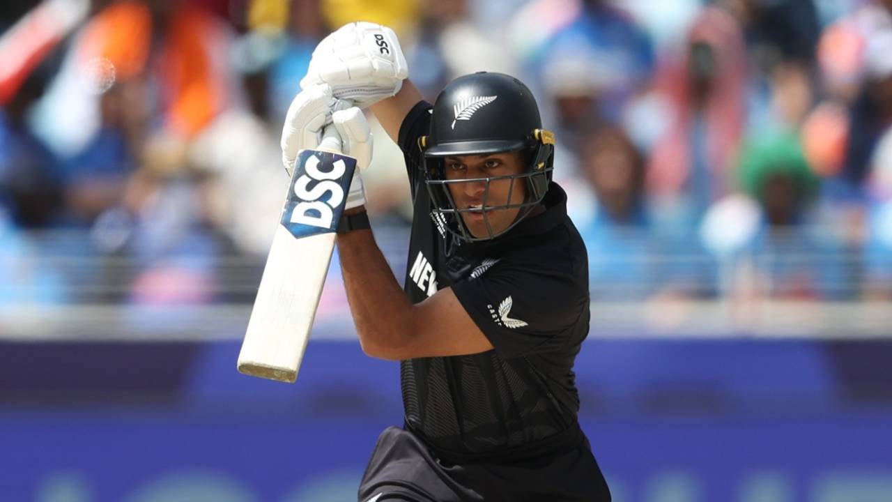 Rachin Ravindra presents the straight bat, India vs New Zealand, Champions Trophy final, Dubai, March 9, 2025