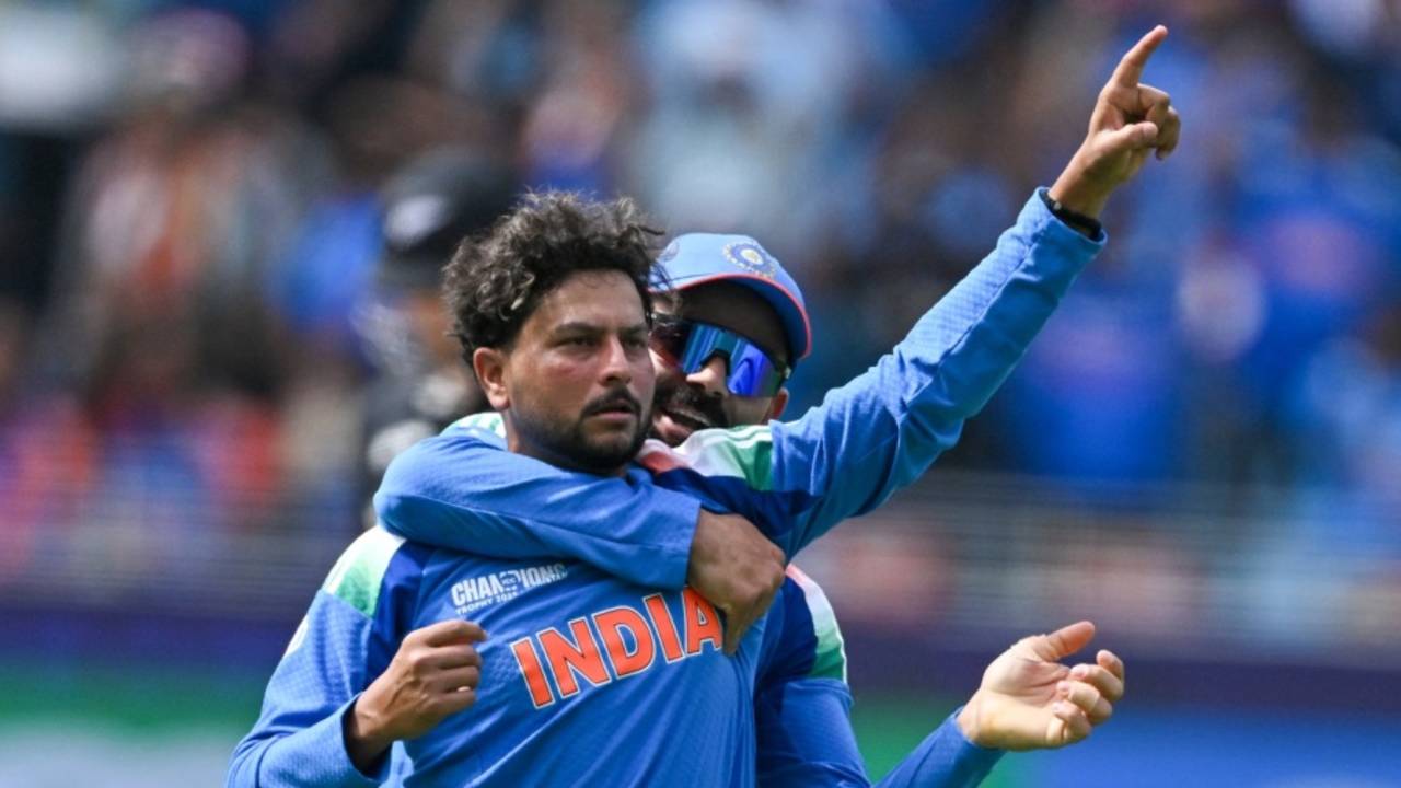Kuldeep Yadav celebrates a wicket with Virat Kohli, India vs New Zealand, Champions Trophy final, Dubai, March 9, 2025
