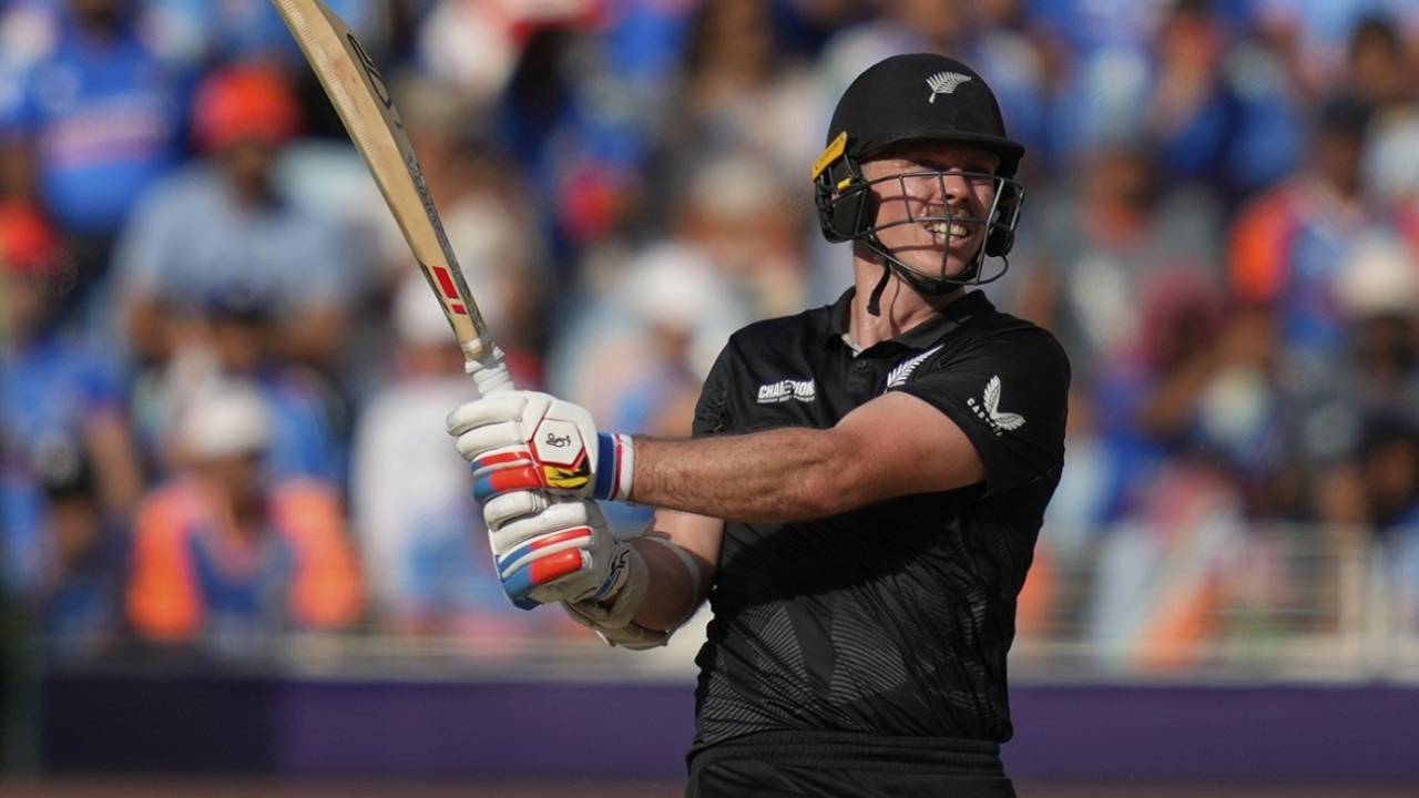 Michael Bracewell launches a six, India vs New Zealand, Champions Trophy final, Dubai, March 9, 2025
