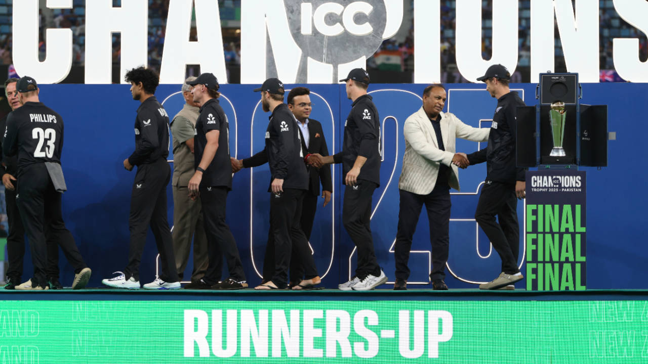 Runners-up New Zealand are greeted by officials on the presentation podium, including ICC chair Jay Shah and BCCI secretary Devajit Saikia, India vs New Zealand, Champions Trophy final, Dubai, March 9, 2025