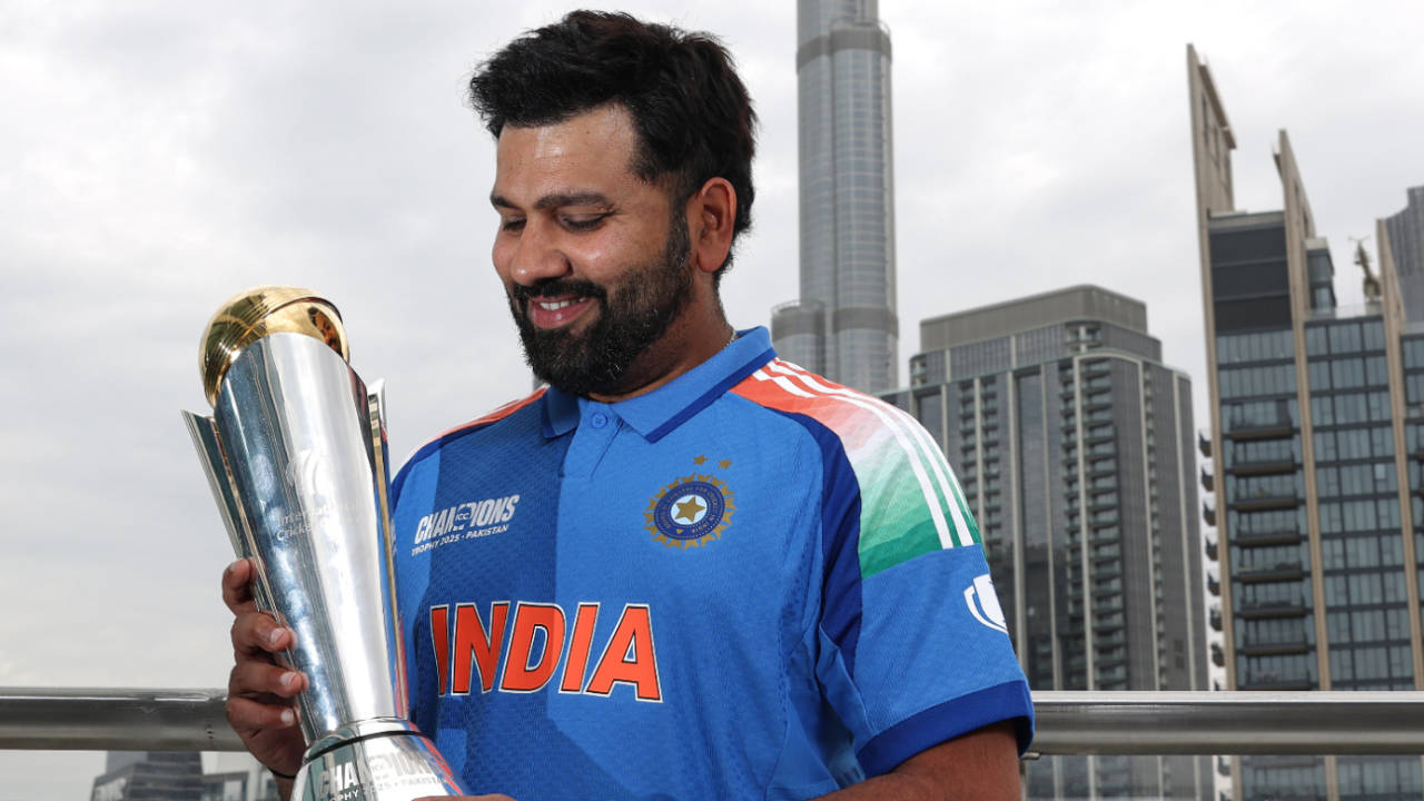 Rohit Sharma with the Champions Trophy silverware, the day after India beat New Zealand in the final, Dubai, March 10, 2025