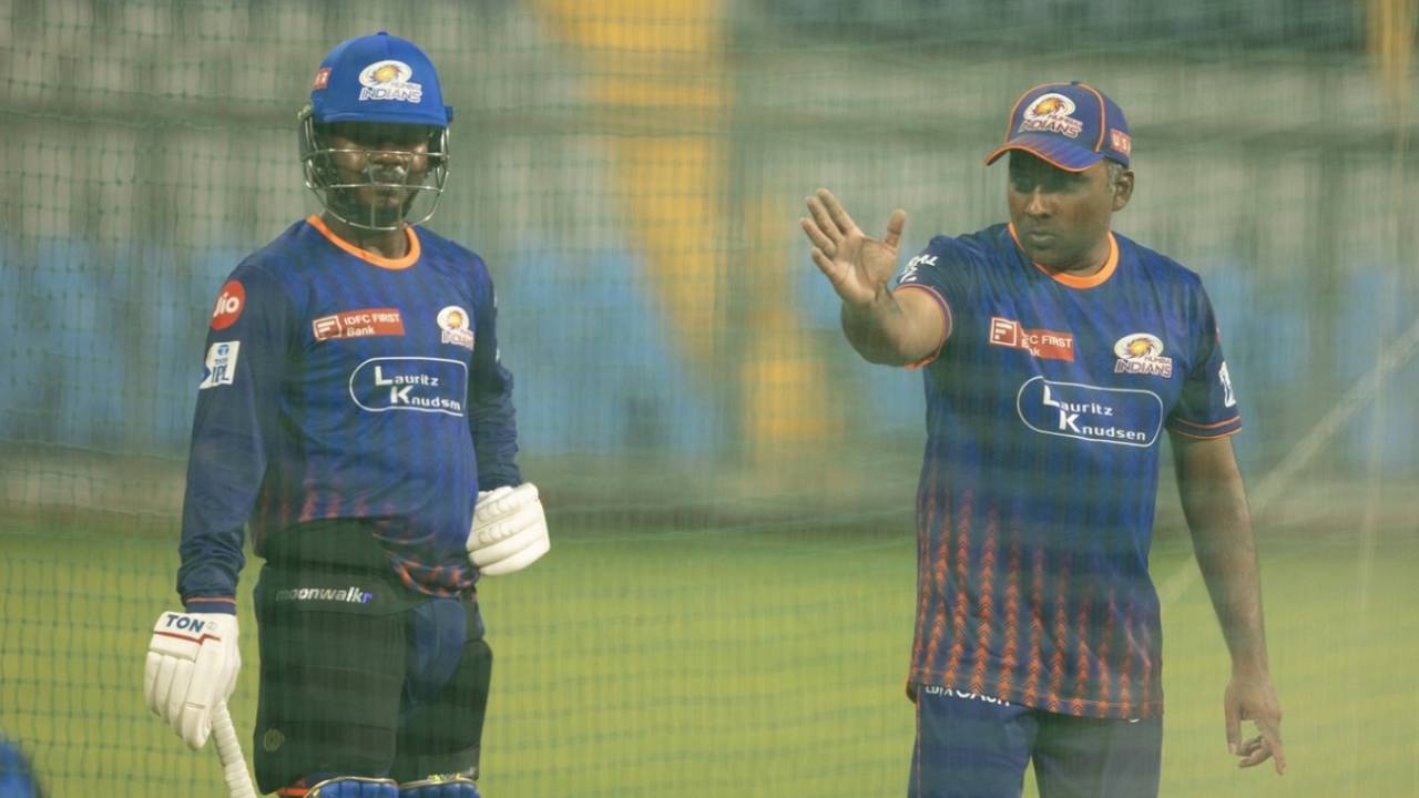 Mahela Jayawardene has a word with Robin Minz during training, March 10, 2025