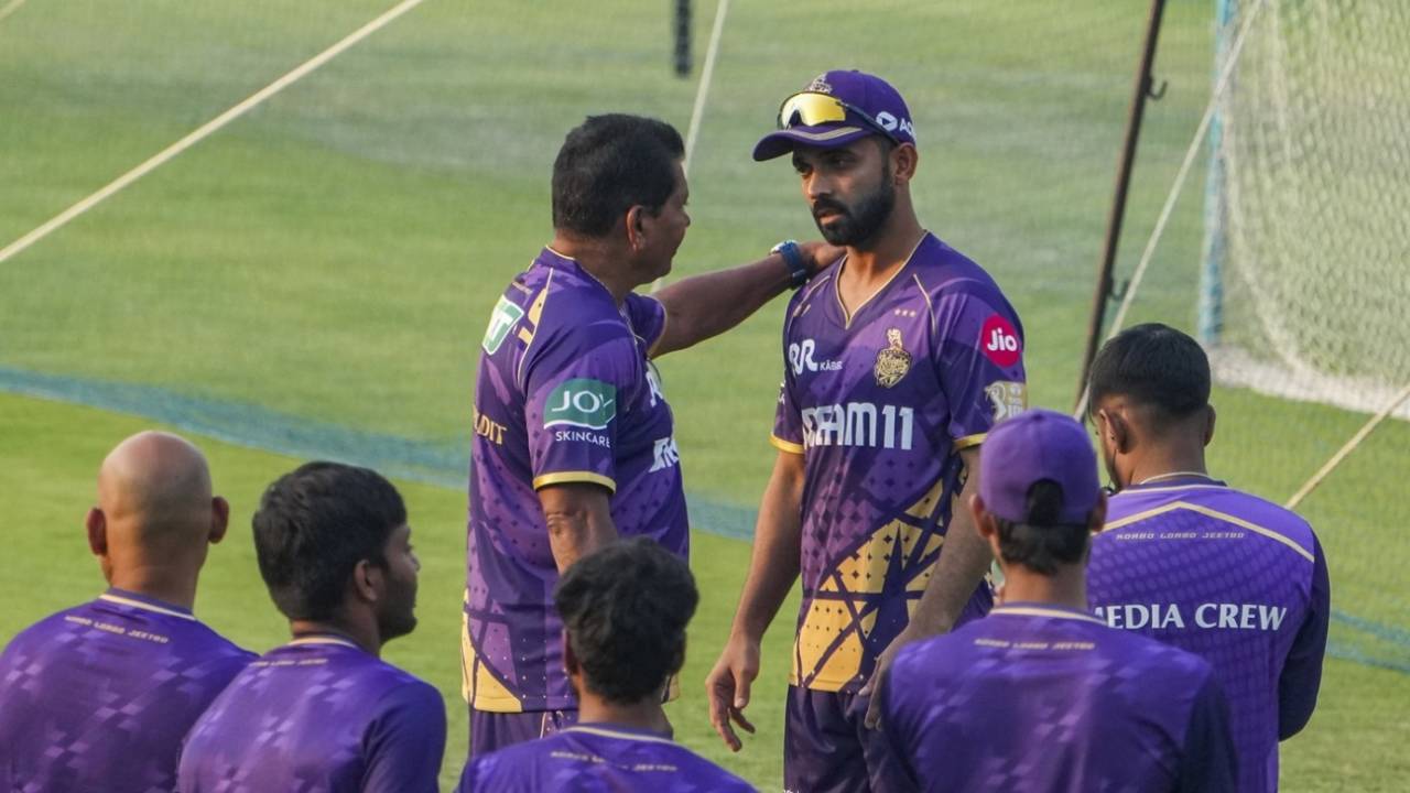 Coach Chandrakant Pandit has a chat with captain Ajinkya Rahane, IPL 2025, Kolkata, March 12, 2025