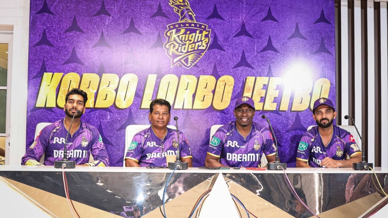 Venkatesh Iyer, Chandrakant Pandit, Dwayne Bravo and Ajinkya Rahane address a press conference, Kolkata, IPL 2025, March 13, 2025
