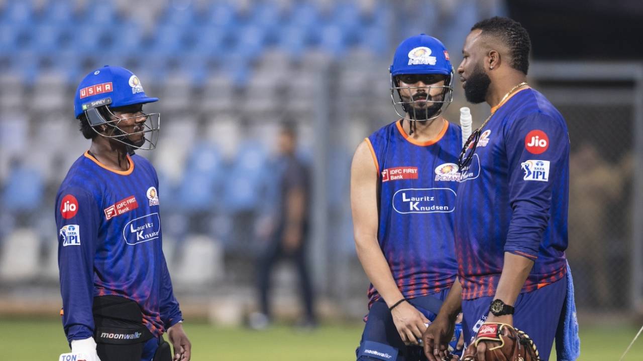 Kieron Pollard chats with Naman Dhir and Robin Minz, Mumbai, March 14, 2025