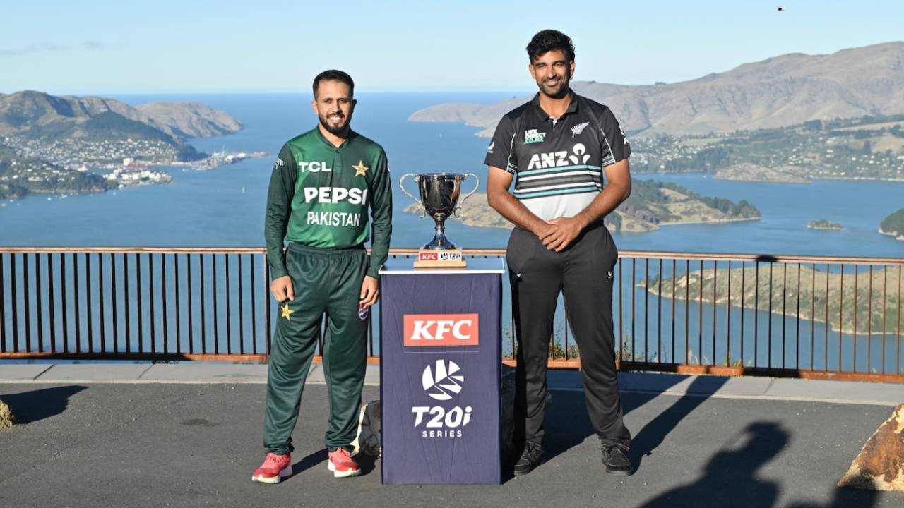 Mohammad Haris and Ish Sodhi pose with the series trophy, New Zealand vs Pakistan, 1st T20I, Christchurch, March 13, 2025