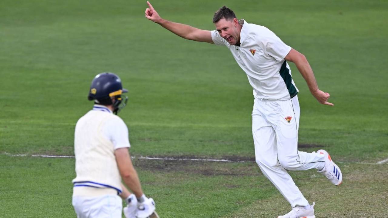 Beau Webster celebrates a wicket, Tasmania vs New South Wales, Sheffield Shield, Hobart, March 16, 2025
