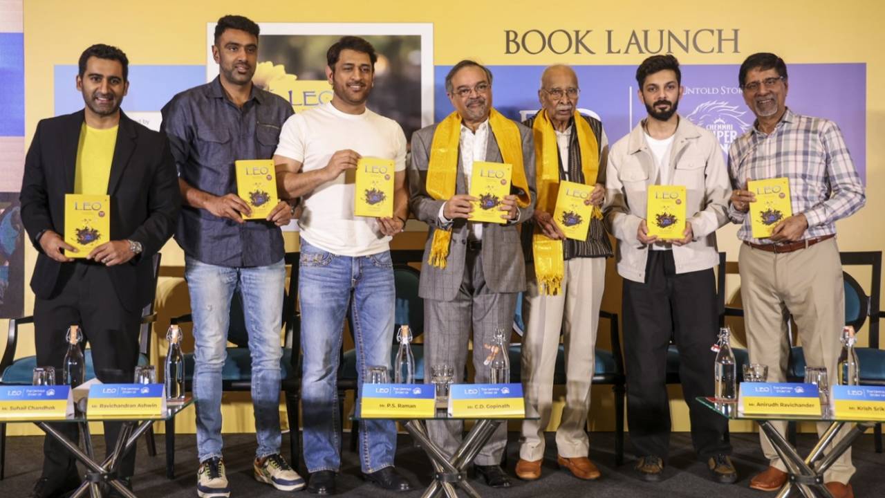 R Ashwin, MS Dhoni, CD Gopinath, K Srikanth with musician Anirudh Ravichander during a book launch in Chennai, Chennai, March 16, 2025